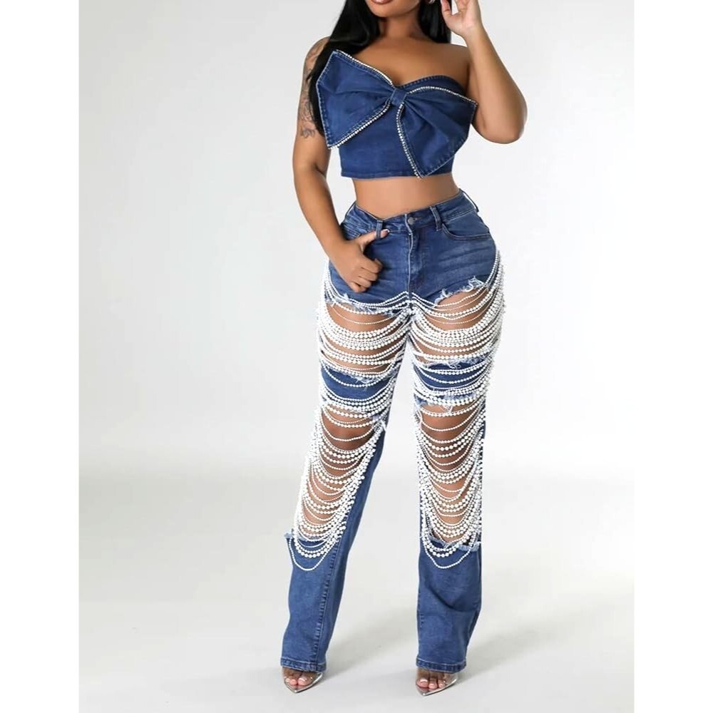 Women Ripped Destroyed Blue Jeans Pearl Chain Embellish Size XL (35x33)